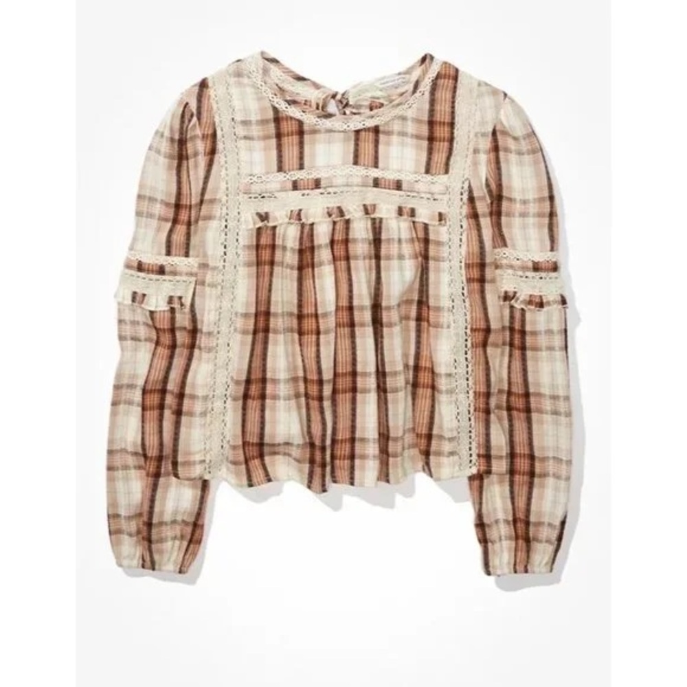American Eagle Blouse Babydoll High Neck Lace Plaid Open Back Long Sleeve Top XS